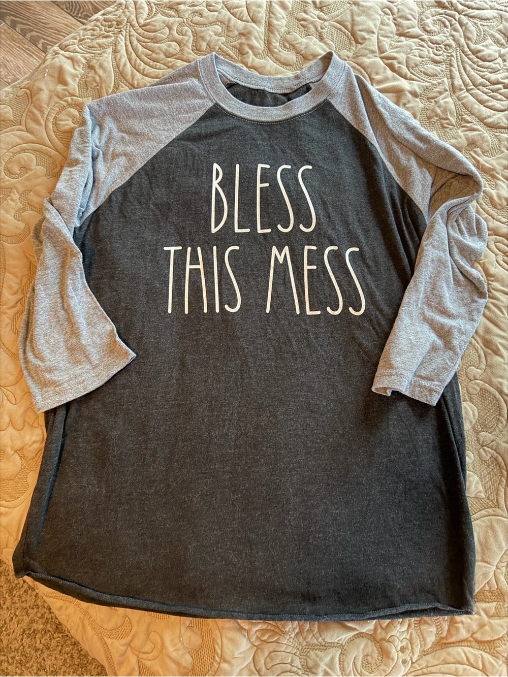 'Bless This Mess' Charcoal Raglan Tee with Heather Gray Sleeves